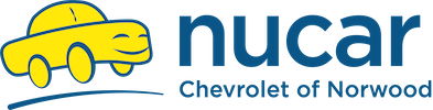 Nucar Company Logo featuring a yellow smiling car and some text "Nucar - Chevrolet of Norwood"