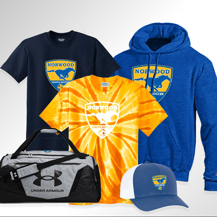 A selection of Norwood Youth Soccer branded apparel